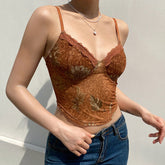 Vintage Spitzen-Tanktop mit herzförmigem Ausschnitt und Blumenmuster, transparentem Netzstoff, kurz, Braun